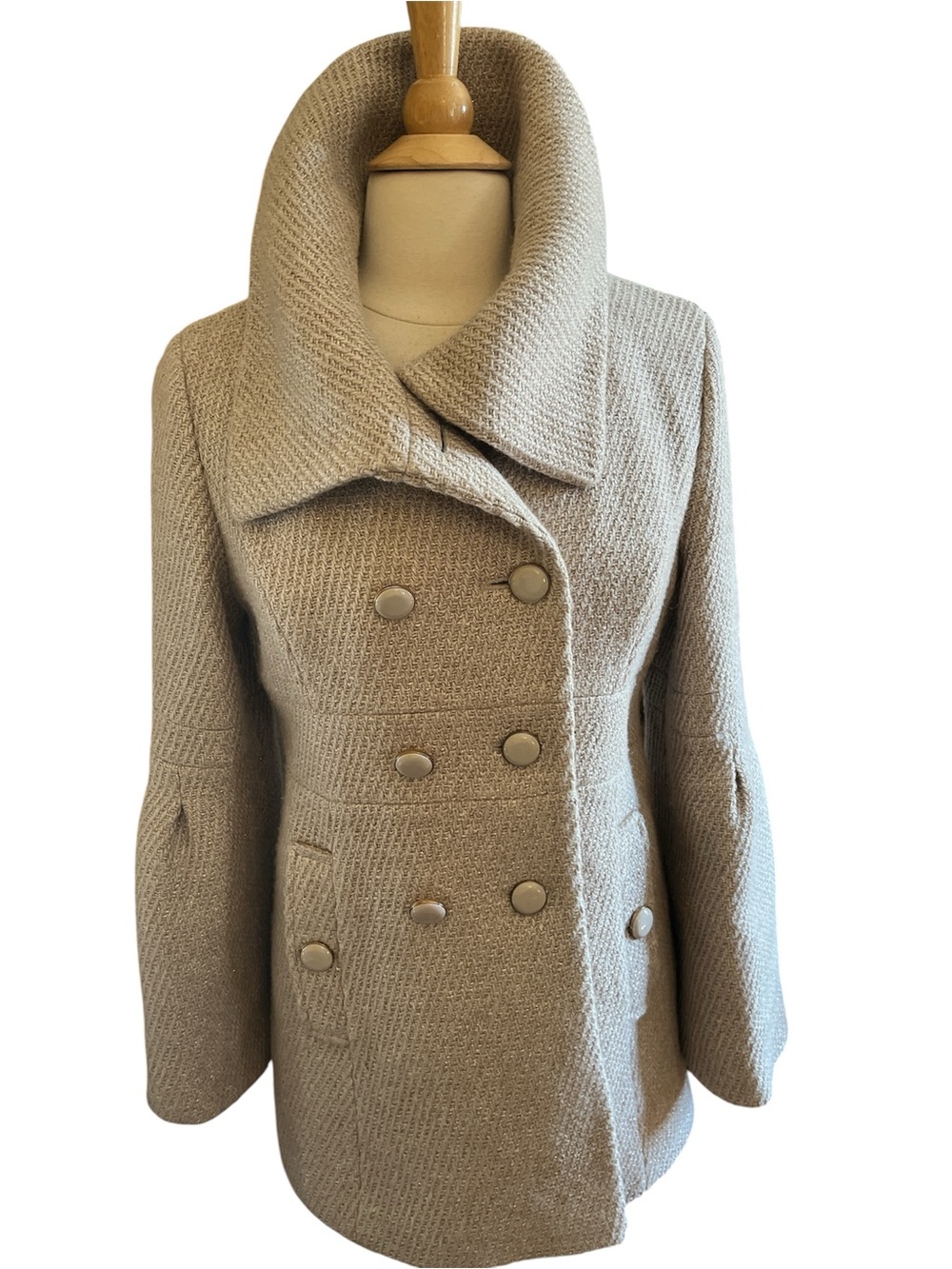 Ann Taylor LOFT Neutral & Gold Tweed Textured Double-Breasted Pea Coat Size 6